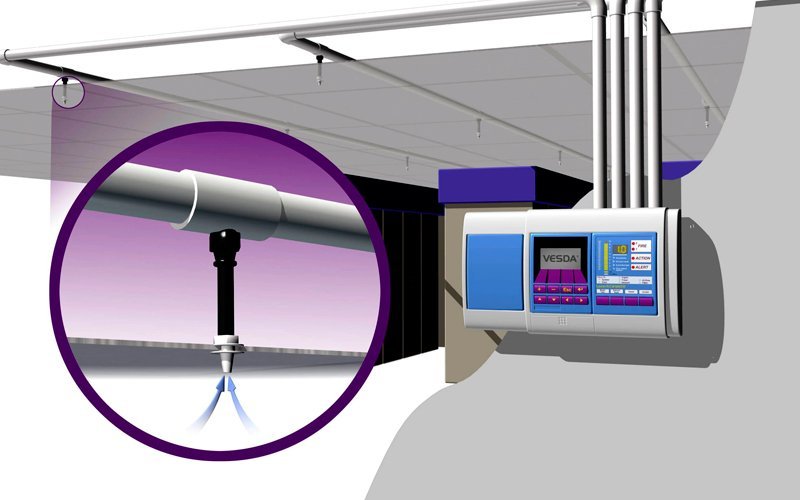 Sistema de detección temprana de humo por aspiración VESDA con tuberías de muestreo y panel de control instalado en plafón