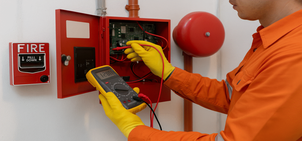 Mantenimiento y prueba de sistema de alarma contra incendio con panel y estación manual en edificio