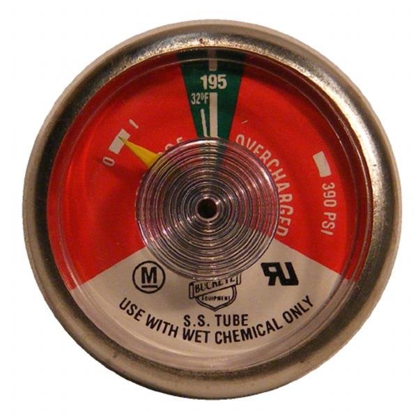 Manómetro Buckeye de 195 PSI para sistema de supresión de incendios en cocinas comerciales.