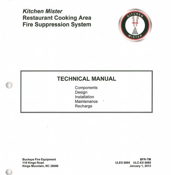 Manual técnico Buckeye Kitchen Mister para sistemas de supresión de incendios en cocinas comerciales.