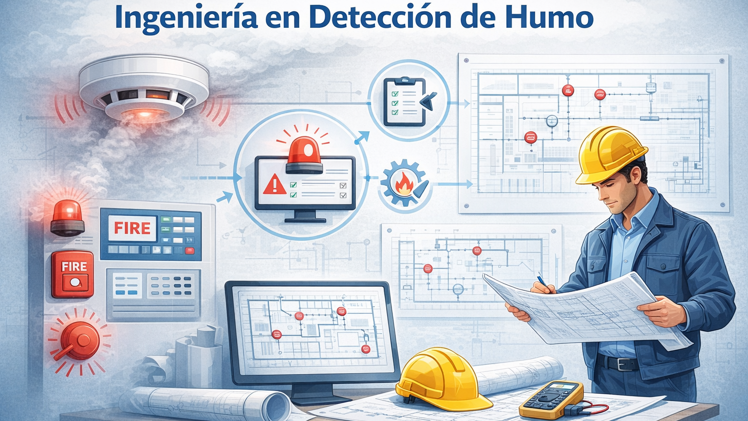 Ilustración de ingeniería en detección de humo con detectores, panel de alarma contra incendio y planos de diseño del sistema.