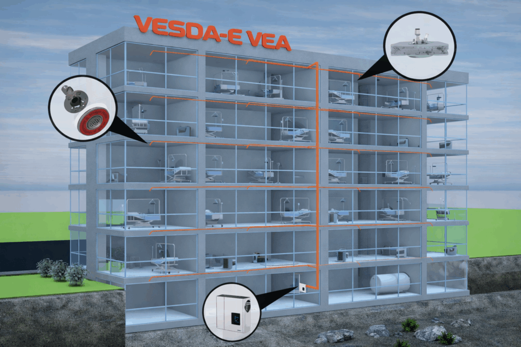 Sistema VESDA-E VEA instalado en edificio hospitalario para detección de humo mediante aspiración en sistemas contra incendio