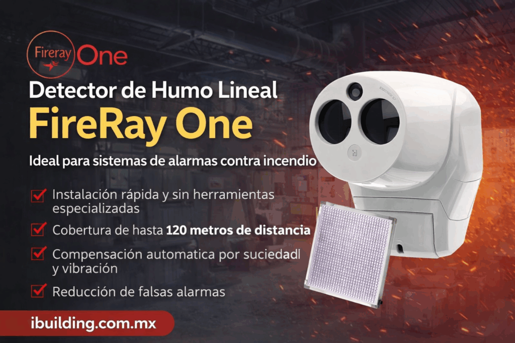 Detector de humo lineal FireRay One para sistemas de alarmas contra incendio, equipo tipo haz con reflector, ideal para detección de humo en naves industriales y grandes espacios.