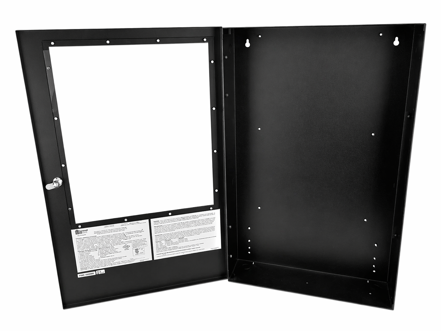 Gabinete negro metálico para sistema de alarma contra incendio con puerta abierta, diseñado para montaje de paneles y módulos electrónicos