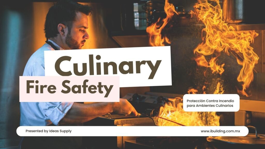 Chef operando una cocina comercial con presencia de fuego abierto, ilustrando la importancia de la protección contra incendio, detección de humo y seguridad en ambientes culinarios.
