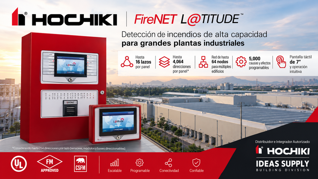 Panel Hochiki FireNET L@titude con tecnología de detección y alarma contra incendios para grandes plantas industriales, hasta 16 lazos, programación avanzada y listado UL.